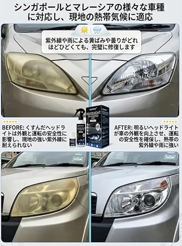 ヘッドライト クリーナー 【瞬時リフレッシュ】カーライトクリーナースプレー ヘッドライト クリア コーティング セットヘッドライトリペアキット 車 黄ばみ 除去 落とし 曇り取り 修復液 100ml 透明感復元傷消し 酸化 シミ ぼやけ 紫外線防止 簡単施工 全車種対応 保護剤20ml、スポンジ、タオル付属 DIY 洗車用品 洗車グッズ カー用品 業務用 (1セット)の特徴・詳細 画像