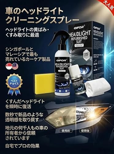 ヘッドライト クリーナー 【瞬時リフレッシュ】カーライトクリーナースプレー ヘッドライト クリア コーティング セットヘッドライトリペアキット 車 黄ばみ 除去 落とし 曇り取り 修復液 100ml 透明感復元傷消し 酸化 シミ ぼやけ 紫外線防止 簡単施工 全車種対応 保護剤20ml、スポンジ、タオル付属 DIY 洗車用品 洗車グッズ カー用品 業務用 (1セット)の詳細・まとめ 画像