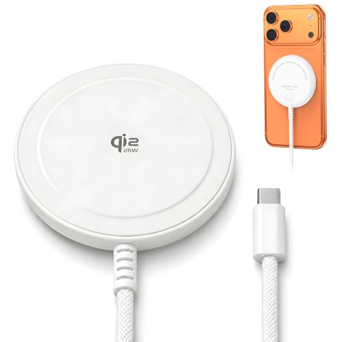 ワイヤレス充電器 25W Qi2認証 MagSafe対応 急速充電 マグネット式 USB-C一体型編み込みケーブル 最大25W iPhone 17/16シリーズ対応 Android Qi2対応機種対応 (ホワイト, 1.2M)の外観・全体像 画像