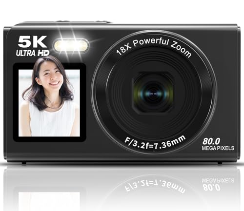 Beho 5K デジタルカメラ 8000万画素 スマホに送れる デジカメ WIFI転送機能 デュアルスクリーン 自撮り オートフォーカス フィルター 18倍デジタルズーム ウェブカメラ コンパクト VLOG 16GBマイクロSDカード付き 軽量 誕生日 初心者向け 修学旅行 ブラックの外観・全体像 画像