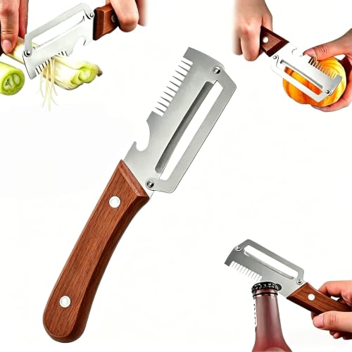 キッチン用ピーラー 千切りスライス可能 3in1 多機能野菜ピーラー 皮むき器 栓抜き兼用 千切りスライス可能 ステンレス製刃 木製グリップ 滑り止め設計 キッチン調理道具 野菜果物対応 お手入れ簡単 ブラウン (1, ウォールナット)の外観・全体像 画像