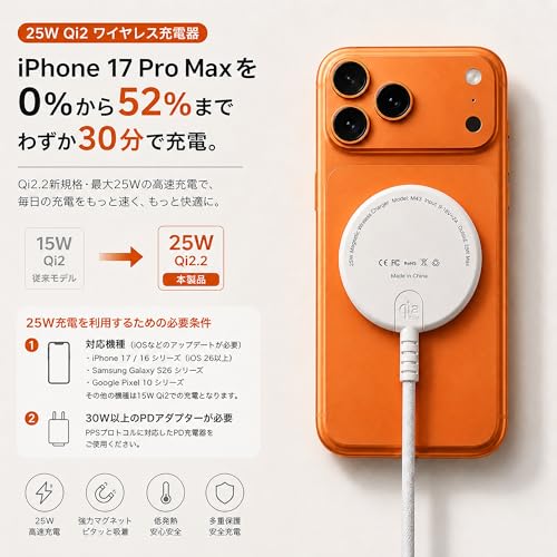 ワイヤレス充電器 25W Qi2認証 MagSafe対応 急速充電 マグネット式 USB-C一体型編み込みケーブル 最大25W iPhone 17/16シリーズ対応 Android Qi2対応機種対応 (ホワイト, 1.2M)の詳細・まとめ 画像