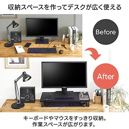 アイリスオーヤマ デスクがスッキリするモニター台 幅59cm ブラック 収納領域の大きなワイド設計 目線が上がるので首肩の負担が軽減 インテリアになじむシンプルデザイン ほこりが溜まりにくいフラット設計 パソコン台 ディスプレイ台 机上台 PC台 プリンタ台 キーボード マウス収納 幅約59×奥行約25×高さ約8.6㎝ MNS-590の特徴・詳細 画像
