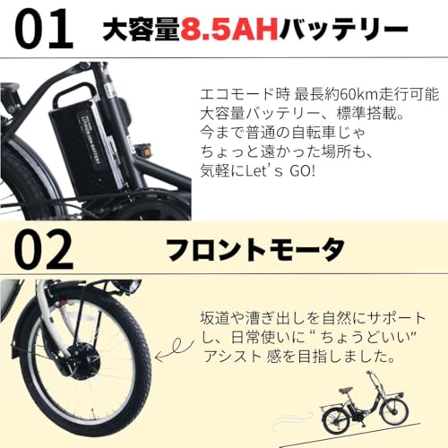 【Amazon.co.jp限定】20インチ 折りたたみ 電動アシスト自転車 シマノ外装6段変速 前後キャリア付き 砲弾型LEDライト TDN-213L (カゴあり, ブラック)の特徴・詳細 画像
