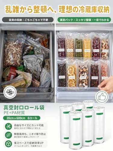 真空パック袋 真空パックロール 20*600cm 6本セット - 真空パック機専用ロール 替えロール 真空ビニール エンボス加工 真空包装袋 脱気密封 鮮度長持ち 食品保存 低温調理 PA+PE安全素材 自由にカット 家庭用 業務用の詳細・まとめ 画像