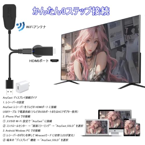 HDMIミラーキャスト【2026年・高性能チップ搭載】4K/1080P対応 スマホ画面をテレビに映す ミラーリング接続 iPhone/Android/Windows/Mac OS対応 モード切替不要 簡単セットアップ アプリ互換性あり YouTube視聴可能 大画面で楽しめる 日本語取扱説明書付き（ブラック）の詳細・まとめ 画像