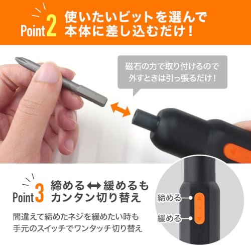 電動ドライバー 小型 ペン型 【LEDライト付き】ドリルドライバー セット 充電式 軽量 Type-C USB充電式 家庭用 コードレス iimono117の特徴・詳細 画像