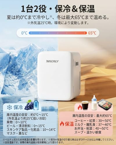 Ninonly ミニ冷蔵庫 10L 小型冷蔵庫 0-65℃ 保冷保温庫 ミニ 車載用 冷温庫 化粧品 小型でポータブル 家庭 車載 保温 保冷 静音 省エネ AC/DC給電 2電源式 便利な携帯式 コンパクト 一人暮らし PSE認証済 日本語説明書(ホワイト)の特徴・詳細 画像