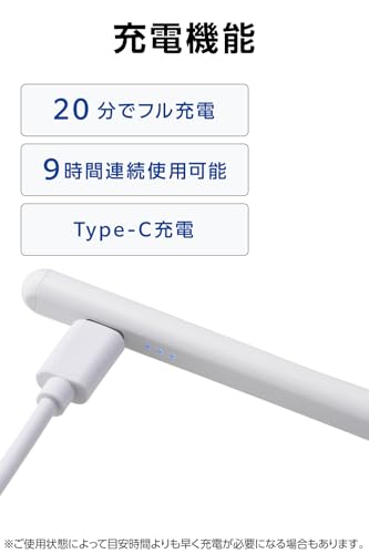 エレコム タッチペン 【11インチ(A16)、 iPad7/8/9/10、iPad Pro 11/12.9/13インチ、Air 11・13インチ(M3, M2)、mini5/6に対応】 iPad専用 ペンシル 急速充電 パームリジェクション 傾き検知 20分でフル充電 P-TPACSTAP07WWHの特徴・詳細 画像