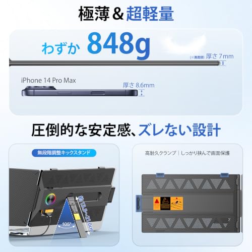 Anyking モバイルモニター 14インチ デュアルモニター ポータブルモニター FHD 1080P IPSパネル 100% sRGB広色域 非光沢 デュアルディスプレイ 軽量 薄型 画面拡張 180°回転 ノートパソコン画面エクステンダー 13〜17.3インチノートPC対応 USB-C/HDMI接続 プラグアンドプレイ Windows/Mac対応 A6の特徴・詳細 画像
