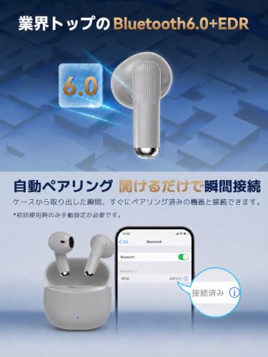 Bluetoothイヤホン ワイヤレスイヤホン IPX7防水 最大60時間再生 2026年最新Bluetooth6.0ブルートゥースイヤホン 全音域HIFI音質低遅延接続瞬時 片耳/両耳 WEB会議/運動/ゲーム/通学通勤/スポーツ/音楽用iPhone/Android対応 (008 Elegant Light Gray)の詳細・まとめ 画像