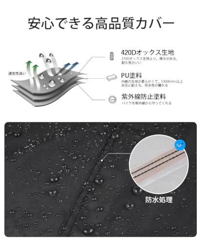 Homwarm バイクカバー 420D厚手 撥水加工 高防風 防埃 防雨 防雪 風飛び防止 紫外線防止 盗難防止 反射テープ 収納バッグ付き XXLの詳細・まとめ 画像
