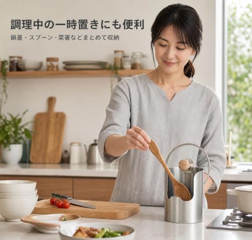 鍋蓋スタンド お玉置き 2in1 調理台を汚さない 多機能ステンレス 201ステンレス製 厚手 頑丈 錆びにくい 省スペース コンパクト 食洗機対応 キッチンツールスタンド 調理中の置き場に困る鍋蓋やツールをスッキリ整理，1の特徴・詳細 画像