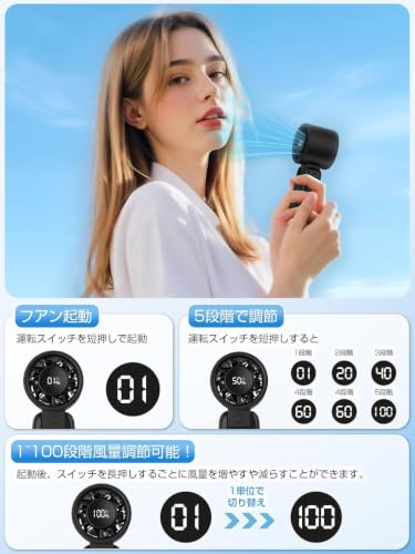 【100段階風力調節・前後160°折り畳み】ハンディファン 携帯扇風機 手持ち扇風機 5000mAh大容量 強力送風 長時間稼働 小型 ミニファン LEDディスプレイ 熱中症対策 充電式 卓上 首掛け 金属カラビナ付き ストラップ付属 屋外作業 農業 街頭販売 野外活動 花火大会の特徴・詳細 画像