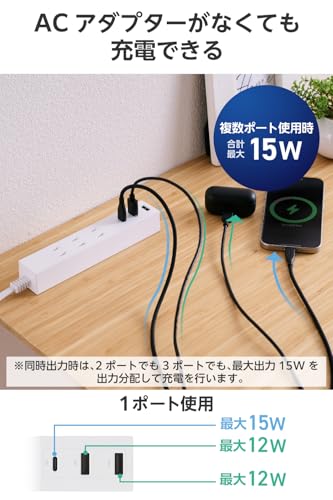 エレコム 電源タップ USB コンセント 15W AC×3個口 USB-A×2 USB-C×1 1.5m 極性プラグ対応 (N極) ホワイト ECT-38-3A2C15WHの特徴・詳細 画像