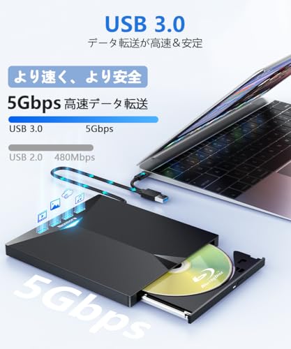 ブルーレイドライブ 外付け 【定番進化モデル・高速書込】 外付けブルーレイプレーヤー blu-ray 外付けドライブ USB3.0 USB-A＆Type-C両接続 静音設計 1.8cm薄型 350g軽量 Windows7-11/MAC OS対応 再生/読み込み/書き込み/焼き対応 blu-ray プレイヤー 外付け bdドライブ 外付け M-DISC 対応の特徴・詳細 画像