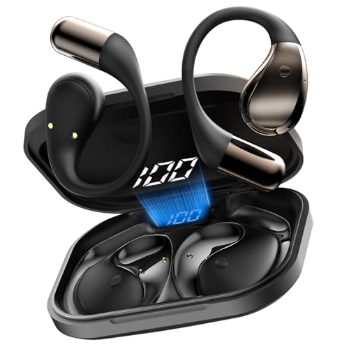 オープンイヤー イヤホン Bluetooth 6.0 ワイヤレスイヤホン 14.2mmドライバー 【2026年アップグレード版】 ENC通話ノイズキャンセリング マイク付き 耳掛け式 軽量 快適装着 40時間連続再生 USB-C急速充電 LED残量表示 防水IPX7 スポーツ ランニング ジム 通勤 通話 音楽鑑賞 ブラックの外観・全体像 画像