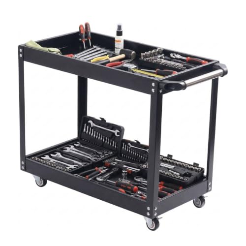 ツールワゴン 2段 キャスター付き ツールカート スチール 工具 ワゴン ツールトロリー 工具カート 工具台車 工具収納 DIY ガレージ (ブラック)の外観・全体像 画像