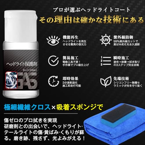 Haoiev ヘッドライトクリーナー ヘッドライト コーティング 【長期間持続する修復&保護セット 】 ヘッドライト 黄ばみ取り 電動工具不要 酸化防止 UVカット 最高レベルの光沢 簡単施工 強力コーティング 3年持続 190mL マイクロファイバークロス&スポンジ付属の特徴・詳細 画像
