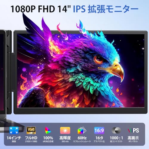 Anyking モバイルモニター 14インチ デュアルモニター ポータブルモニター FHD 1080P IPSパネル 100% sRGB広色域 非光沢 デュアルディスプレイ 軽量 薄型 画面拡張 180°回転 ノートパソコン画面エクステンダー 13〜17.3インチノートPC対応 USB-C/HDMI接続 プラグアンドプレイ Windows/Mac対応 A6の詳細・まとめ 画像