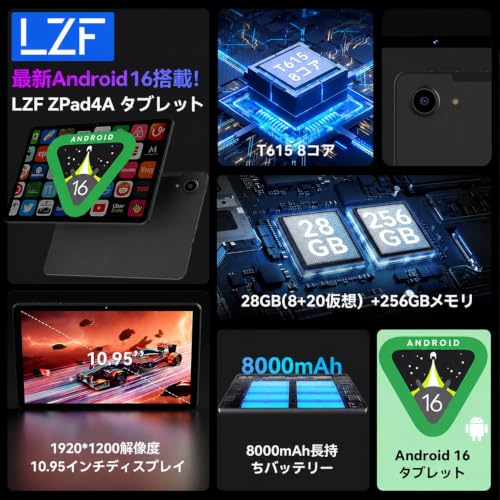 【Android 16 タブレット 11インチ Wi-Fiモデル】ZPad4A タブレット セット、8コアCPU T615、1920x1200 FHDスクリーン、28GB RAM 256GB ROM、8000mAh、2.4/5GHz WiFi、BT5.0 LE、Widevine L1、Gemini AI対応、顔認識+ワイヤレス投影+GPS 10点付属品の詳細・まとめ 画像