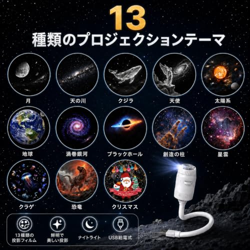 星空ライト プロジェクター 2WAY 6色切替LEDナイトライト USB給電式 13種類投影フィルム付き 銀河・星空・月投影の詳細・まとめ 画像