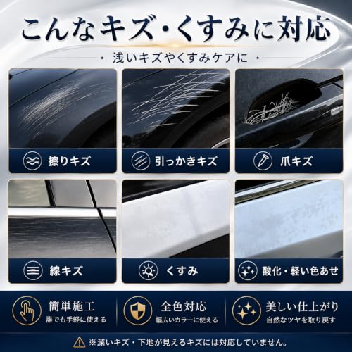 車用 キズ消しコンパウンド 15g スポンジ付き ボディ塗装面用研磨剤 浅い擦りキズ・線キズ・くすみケア 艶出しの特徴・詳細 画像