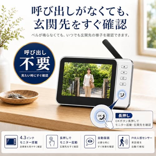 ZAIDER インターホン ワイヤレス 工事不要 ドアホン テレビドアホン カメラ付き 【PIR検知/自動録画/暗視】 双方向通話 IP65防水 屋外/室内 2.4GHz無線 自動録画 LEDライト付き 玄関チャイム 玄関カメラ USB充電 4000mAh 長時間連続録画 配線不要 防犯対策 インターフォン ドアフォン 日本語説明書付の特徴・詳細 画像