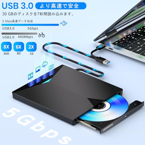ブルーレイドライブ外付け!さらに速外付けブルーレイドライブ USB-A/C対応 BD DVD 再生・読み込み・書き込み対応 ポータブルBlu-rayプレーヤー Windows 7-11 Mac OSパソコン対応電源ケーブル付属(黒)の特徴・詳細 画像