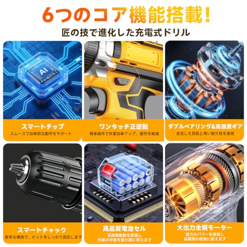 電動ドリル 電動ドライバー 【2026新登場&1台3役】インパクトドライバー 電動ドライバー 小型 コードレス 21V 最大42N.m 25+3段階トルク調節 無断変速 2000mAh*2大容量 スピード調節 正逆転切替 LEDライト 23点豪華ドリル部品 延長アダプター 充電式ドライバー ネジ締め 穴あけ DIY家具組み立て 收纳ケース 日本語取扱説明書 (イエローブラック)の特徴・詳細 画像
