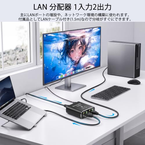 LAN ハブ LAN 分配器 1入力2出力【1.5MのCat6ケーブル付属 】LAN ケーブル 分配器 RJ45ポート分岐 スイッチングハブの詳細・まとめ 画像
