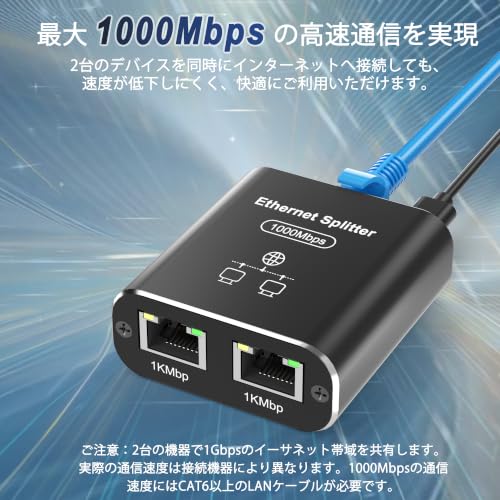 LAN ハブ LAN 分配器 1入力2出力【1.5MのCat6ケーブル付属 】LAN ケーブル 分配器 RJ45ポート分岐 スイッチングハブの特徴・詳細 画像