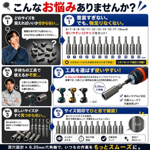 ドリル ソケットビット 12本セット 6~19mm 6.35mm 六角軸 ディープソケット 深穴 六角ソケット インパクトドライバー 電動ドライバー用 ナットセッター ボックスレンチ DIY 自動車 バイク 整備の詳細・まとめ 画像
