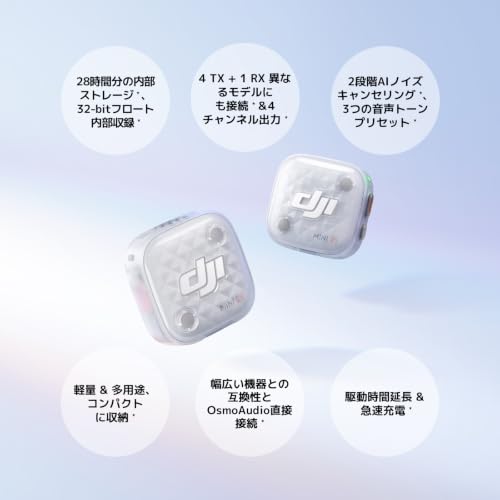 DJI Mic Mini 2S(1 TX + 1 モバイルRX + ケース + スマートフォンアダプター (Lightning)) iPhone用マイク 28時間分の内部ストレージ 32-bitフロート内部収録 軽量・コンパクト OsmoAudio接続の詳細・まとめ 画像
