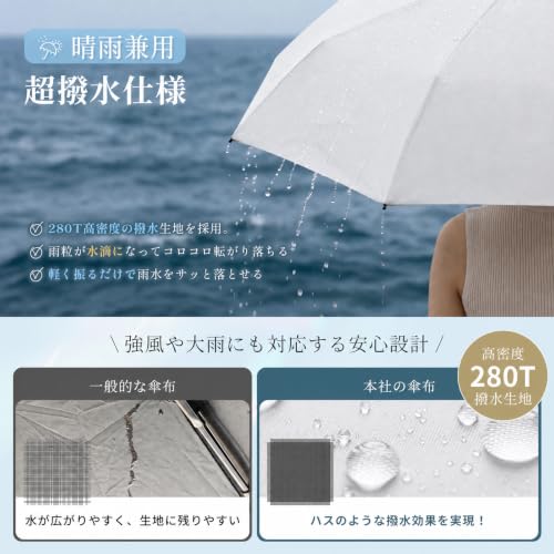 日傘 折りたたみ傘 超軽量【JIS認証·UVカット率100%·】完全遮光 晴雨兼用 耐風撥水 遮熱 紫外線遮断 日焼け防止 梅雨対策 携帯便利 コンパクト 収納ポーチ付き レディース メンズ 男女兼用 母の日 父の日(オフホワイト)の特徴・詳細 画像