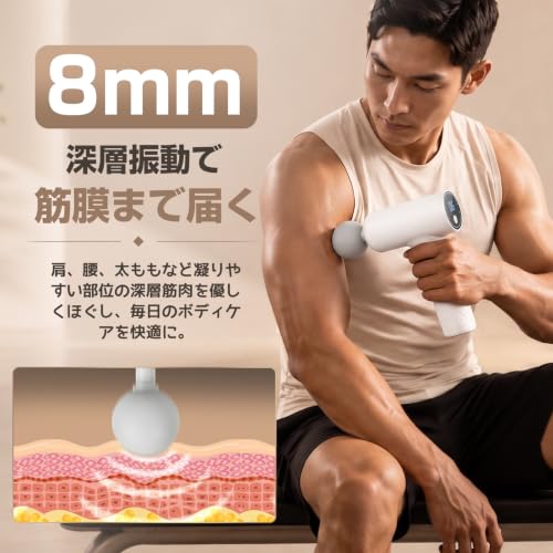 筋膜リリースガン ハンディガン【15段階強力振動 × 6種類アタッチメント】8mm深層振幅 AI自適応モード搭載 低騒音 ミニサイズ Type-C充電式 大容量バッテリー 最大10時間連続使用 持ち運び便利 携帯ケース/日本語説明書付(ホワイト)の詳細・まとめ 画像
