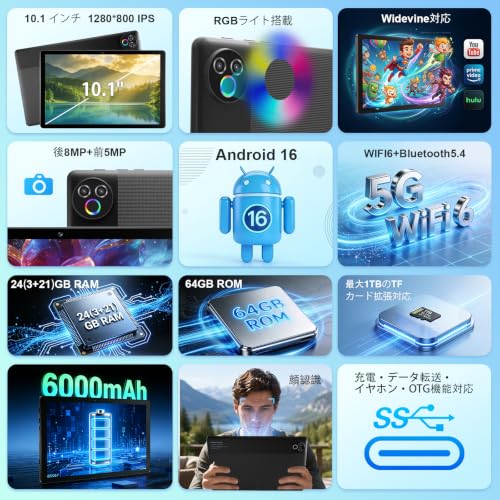 タブレット - HiGrace Android16 タブレット 10インチ 24GB+64GB+1TB拡張 wi-fi6モデル 1280*800画面 Widevine L1対応 Bluetooth5.4 WiFi 6 6000mAhバッテリー 顔認識 RGBライト搭載 児童守護 無線投影 キーボード+マウス+保護ケース+タッチペン+ヘッドフォン付 日本語説明書 一年保証の詳細・まとめ 画像