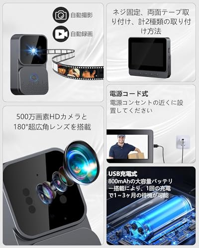 【盗難防止】テレビドアホン カメラ付き インターホン ドアベル 工事不要&Wi-Fi不要 2.4GHz無線 双方向音声会話 180°超広角 4.3インチIPSスクリーン ビデオインターホン 暗視機能 自動録画 USB充電式 800mAhバッテリー イン 超長時間スタンバイ 128GB microSDカード付属 家庭/オフィス/一人暮らし/高齢者宅に最適 (ブラック)の特徴・詳細 画像