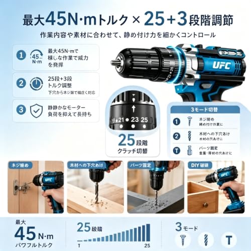 電動ドリル ドライバー 21V コードレス【ブラシレスモーター・最大45N・m】電動ドライバー 25+3段階トルク調節 低速・高速2段階切替 無段変速 正逆転切替 LEDライト搭載 バッテリー2個付き 豊富なビットセット 収納ケース付き 木材・金属穴あけ ネジ締め 家具組立 DIY 修理 初心者向け 日本語取扱説明書付きの特徴・詳細 画像