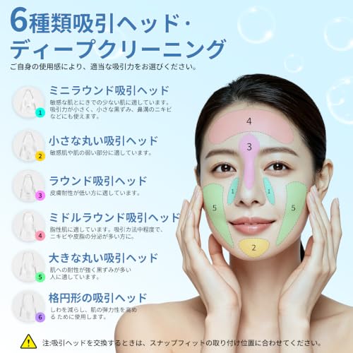 毛穴吸引器【50kPa吸引】毛穴汚れ・角栓ケア 毛穴クリーン 3段階吸引力調整 6種類吸引ヘッド USB充電式 男女兼用 プレゼント 日本語取扱説明書の特徴・詳細 画像