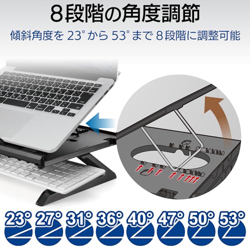 エレコム ノートPCスタンド 折りたたみ 8段階 9.5cm高さアップ脚 スマホスタンド付 ~15.6インチノートPC対応 折りたたみ時サイズ:幅280×奥行280×高さ26mm 耐荷重:10kg ブラック PCA-LTSH8BKの特徴・詳細 画像