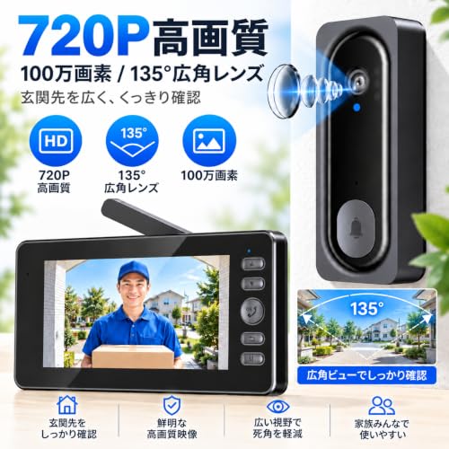 ZAIDER インターホン ワイヤレス 工事不要 ドアホン 【ハンズフリー双方向通話&HD画質|長距離通信】 テレビドアホン カメラ付き 2.4GHz 双方向通話 暗視撮影 防犯対策 玄関/屋外の詳細・まとめ 画像